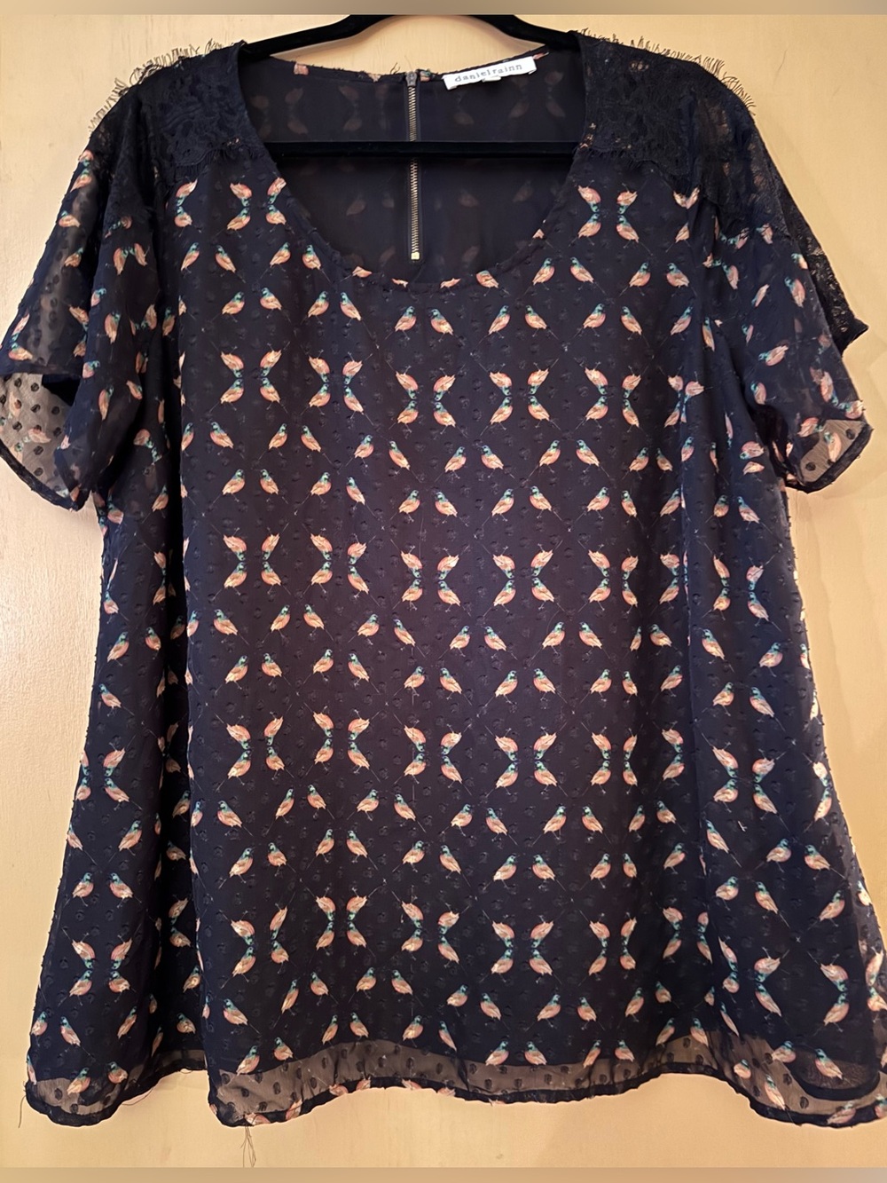 Daniel Rainn Vintage Robin Bird Print Swiss Dot Black Lace Cap Sleeve Blouse 2XL
